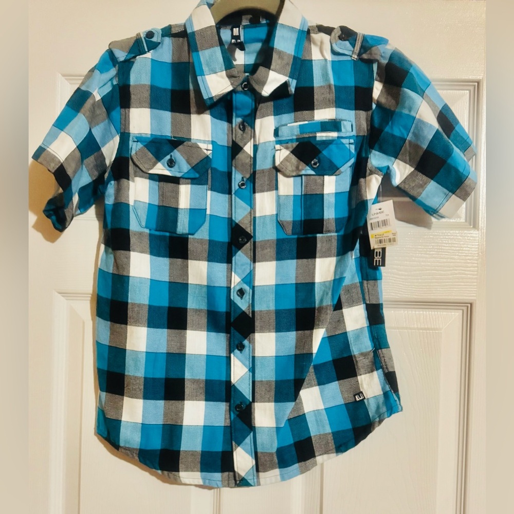 Univibe Blue and Black Plaid Button Down Shirt Short Sleeve